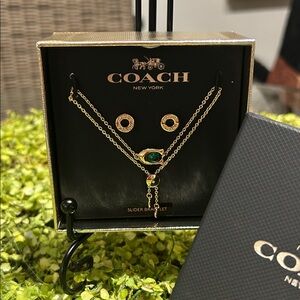 Coach Gold Slider Bracelet and Stud Earring Set with Green Jade Gemstone New